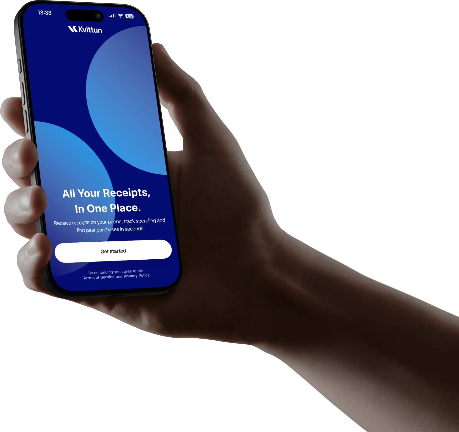 A hand holding an iPhone showing the Kvittun welcome screen: All your receipts, in one place.